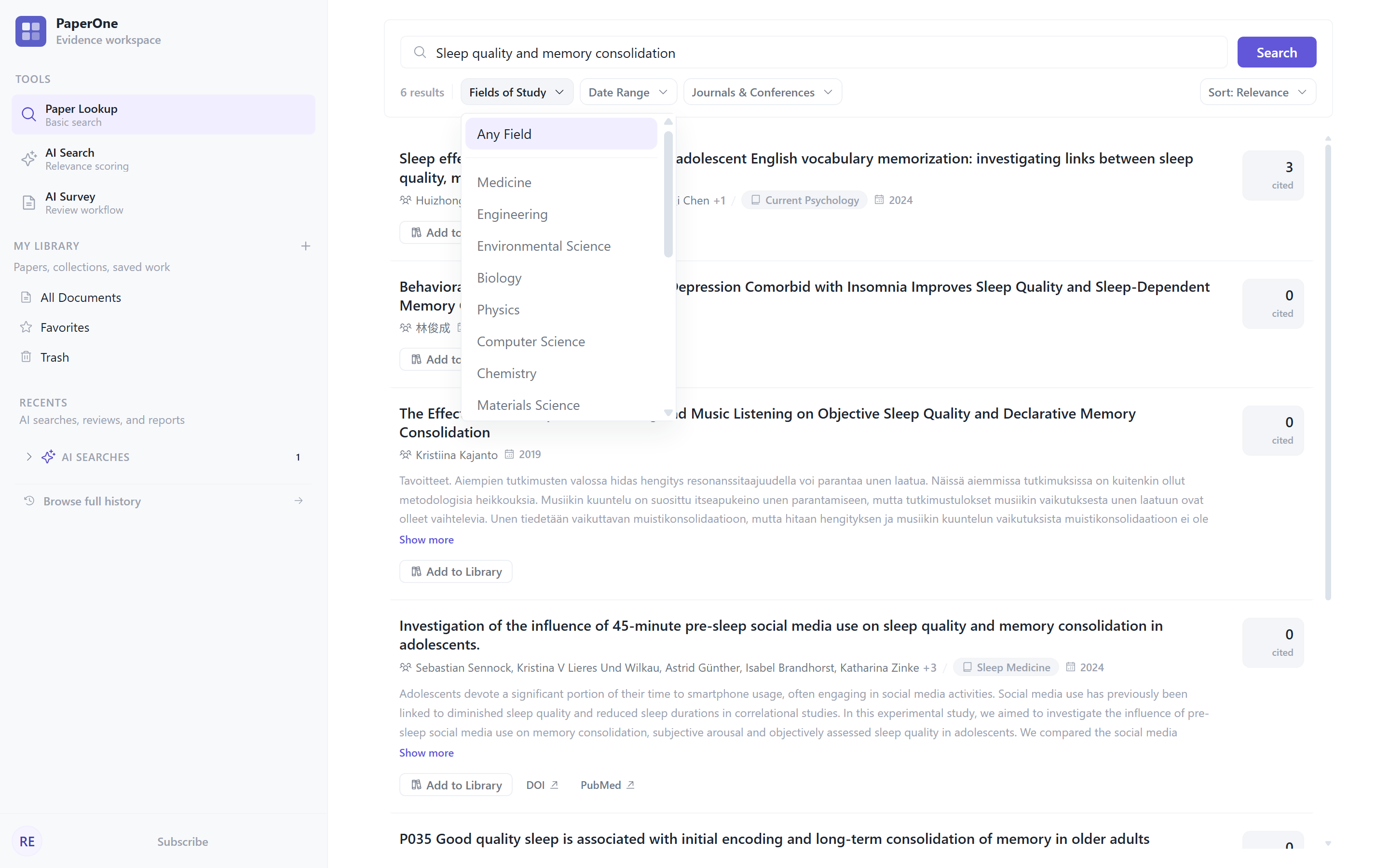 PaperOne paper results with the fields filter menu open