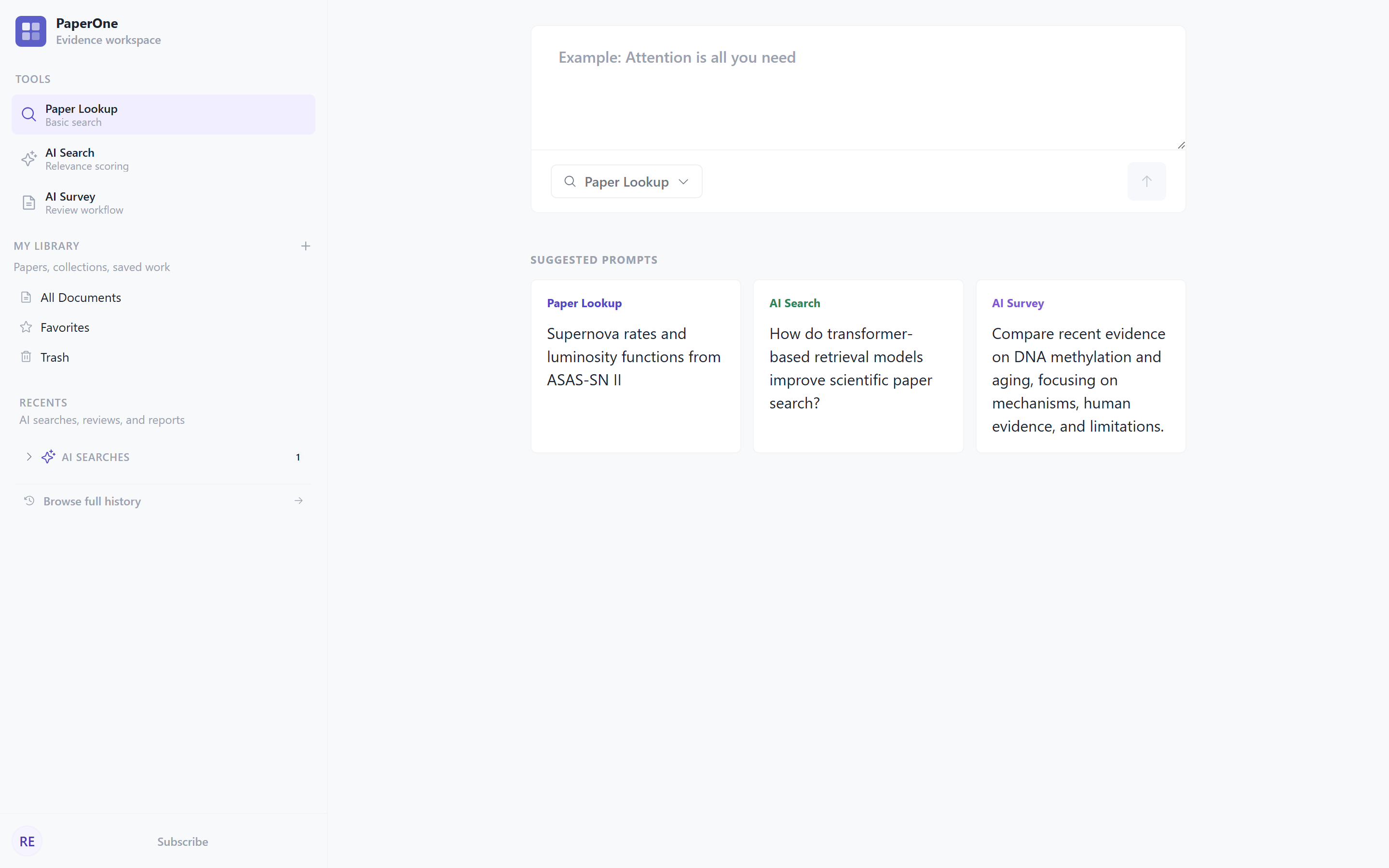 PaperOne Paper Lookup search entry with research prompt examples