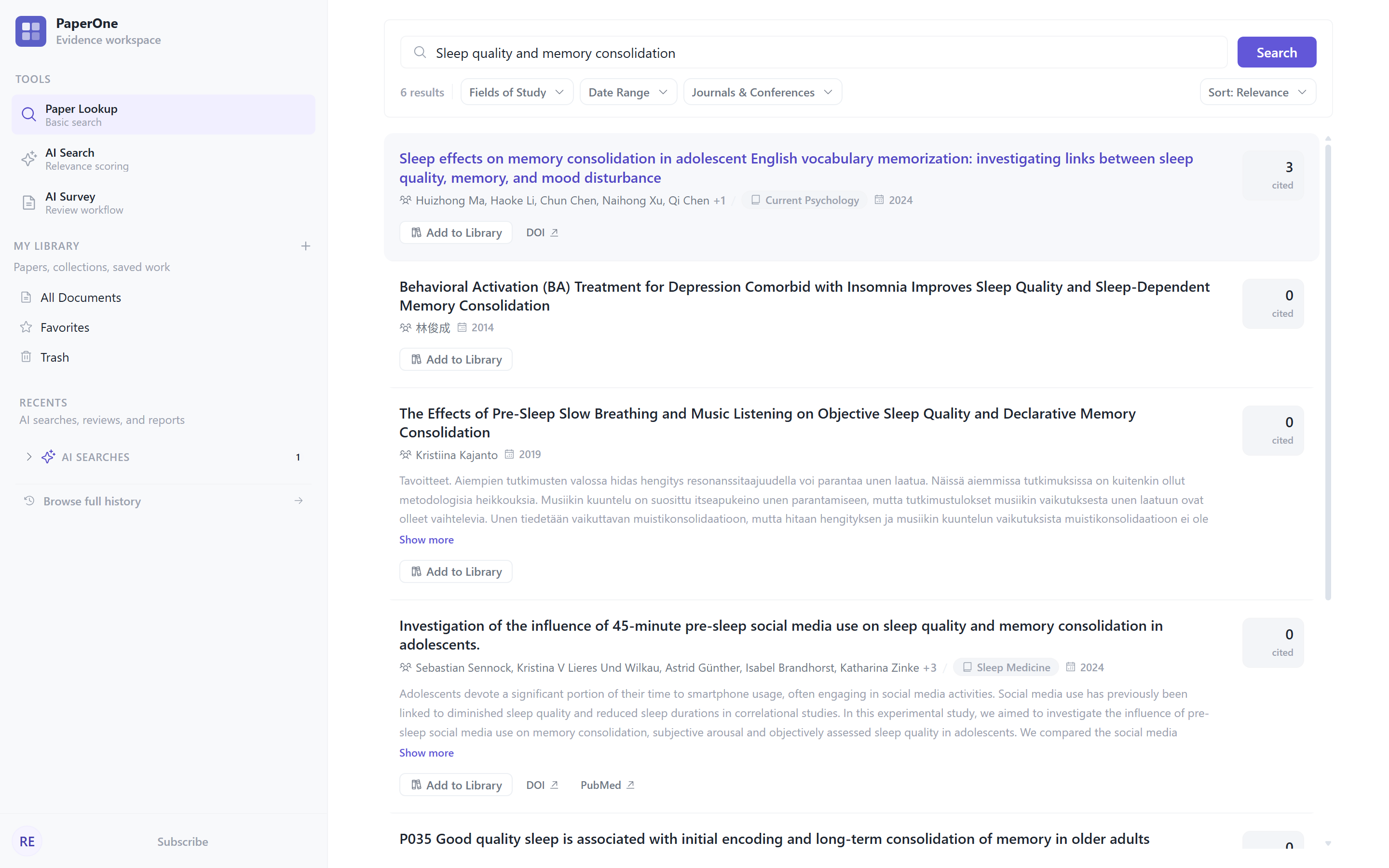 PaperOne academic paper search results with titles and metadata